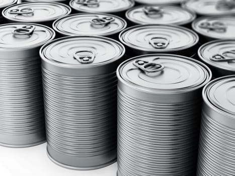 Stacked tin cans isolated on white background. 3D illustration.
