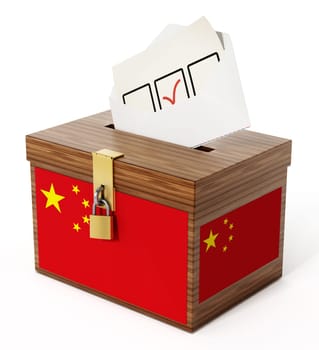 Chinese flag textured ballot box and enveloppe. 3D illustration.