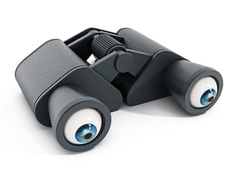 Binoculars with eyeballs isolated on white background. 3D illustration.