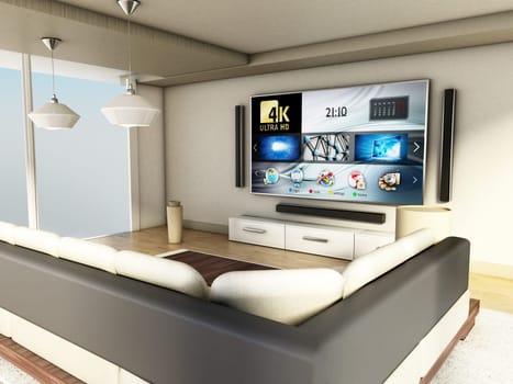 Modern room interior with large windows and parquet floor. 3D illustration.