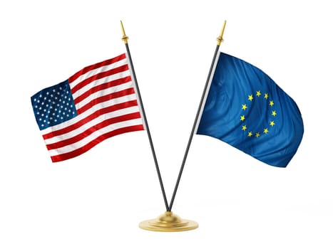 United States of America and European Union desktop flags. 3D illustration.