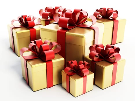 Gold giftboxes with red ribbon. 3D illustration.