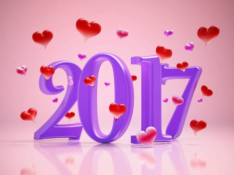 2017 text and hearts on pink background. 3D illustration.