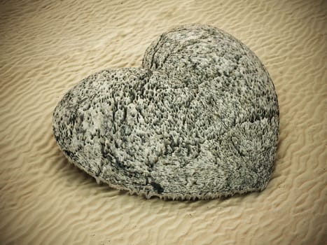 Stone heart standing on beach sand. 3D illustration.