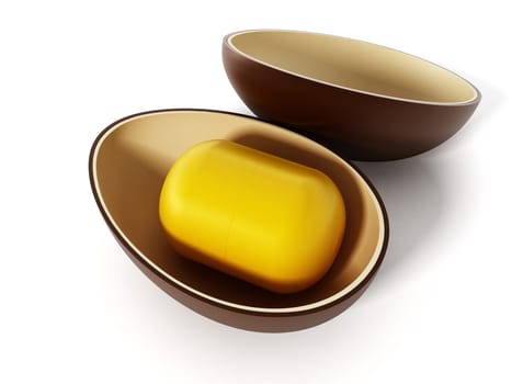 Open egg surprise with yellow capsule. 3D illustration.