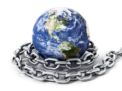 Earth tied with steel chain. 3D illustration.