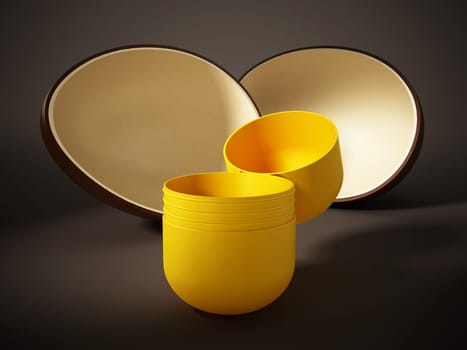 Open egg surprise with yellow capsule. 3D illustration.