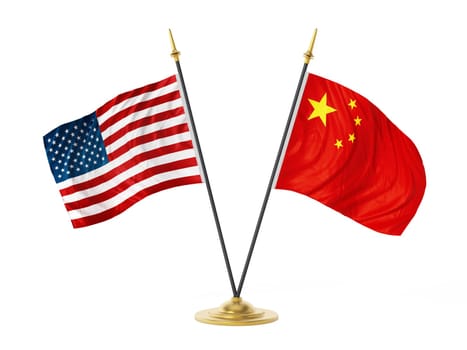 United States of America and China desktop flags. 3D illustration.