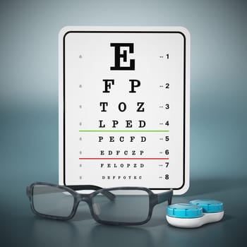 Eye test chart, eyeglasses and contact lens box. 3D illustration.