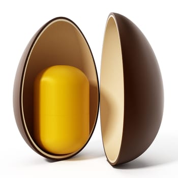 Open egg surprise with yellow capsule. 3D illustration.