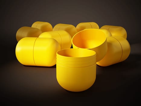 Yellow egg surprise capsules on dark background. 3D illustration.