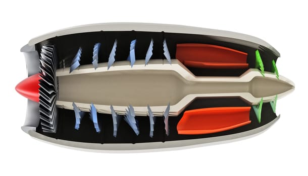 Jet engine cross section showing details 3D illustration.