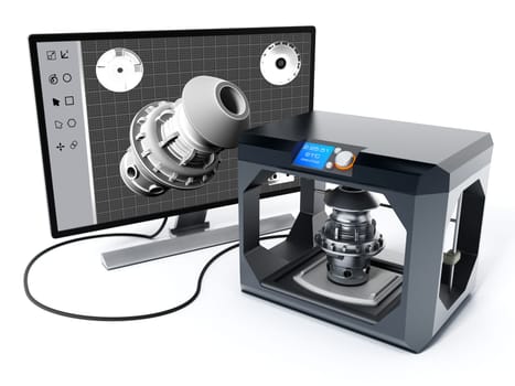 3D product design software and 3D printer. 3D illustration.