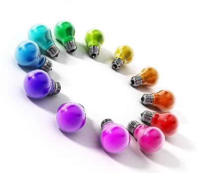 Multi colored lightbulbs in circle formation. 3D illustration.