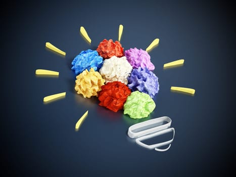 Colorful crumpled papers forming lightbulb shape. 3D illustration.