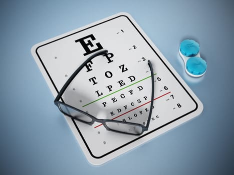 Eye test chart and eyeglasses. 3D illustration.