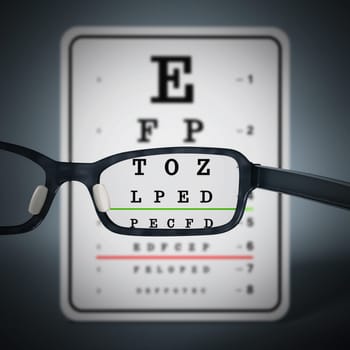 Eye test chart and eyeglasses. 3D illustration.