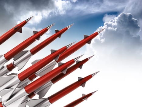 Red missiles aimed for the sky. 3D illustration.