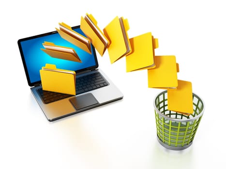 Folders moving from the notebook computer to trash bin. 3D illustration.
