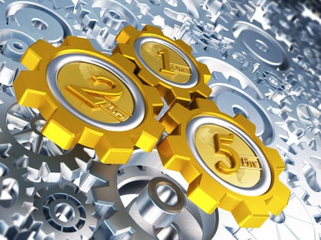 Wheel shaped gold coins with numbers 1, 2 and 5 in motion. 3D illustration.