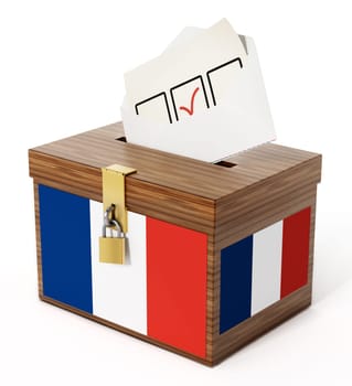 French flag textured ballot box and enveloppe. 3D illustration.