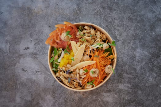 Selection of healthy food on rustic wooden background