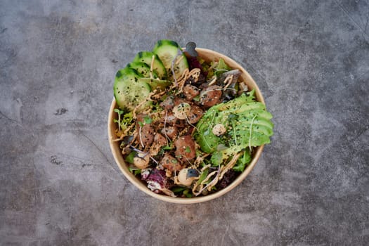 Selection of healthy food on rustic wooden background