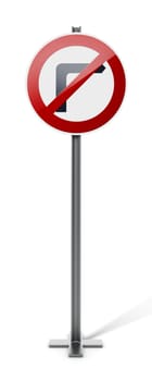 No right turn traffic sign isolated on white background. 3D illustration.