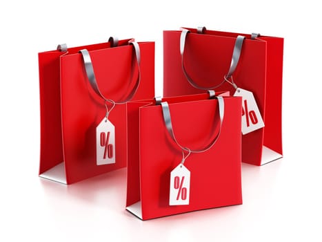 Red shopping bags with sale tags. 3D illustration.