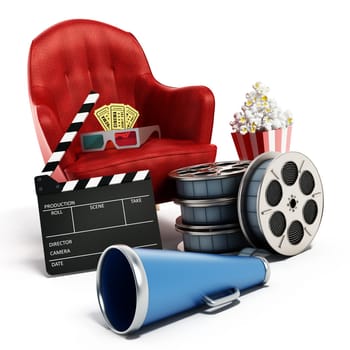 Red seat, pop corn, ticket, film reel and slate. 3D illustration