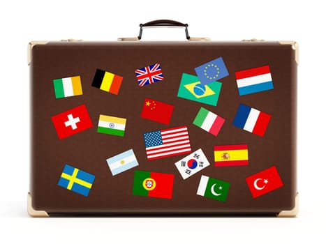 Suitcase with country flags isolated on white background. 3D illustration.