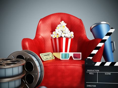 Red seat, pop corn, ticket, film reel and slate. 3D illustration