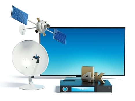 Satellite, dish, 4K ultra HD receiver and TV isolated on white background. 3D illustration.