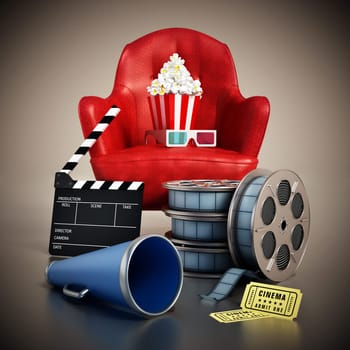 Red seat, pop corn, ticket, film reel and slate. 3D illustration