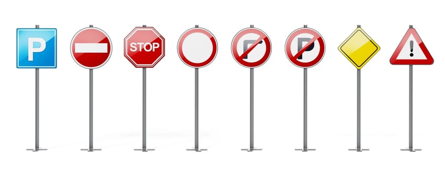 Traffic signs isolated on white background. 3D illustration.