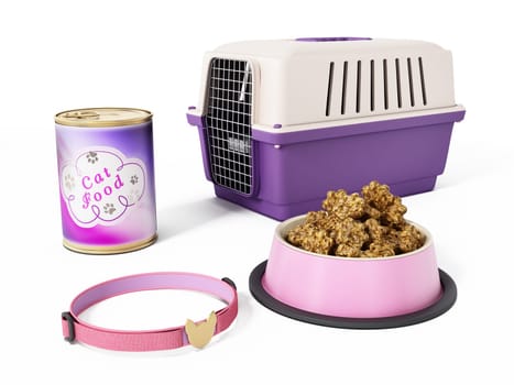 Cat collar, carrier and food isolated on white background. 3D illustration.