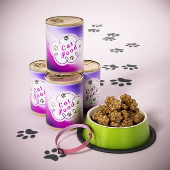 Cat collar, food container and cans isolated on white background. 3D illustration.