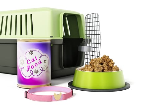 Cat collar, carrier and food isolated on white background. 3D illustration.