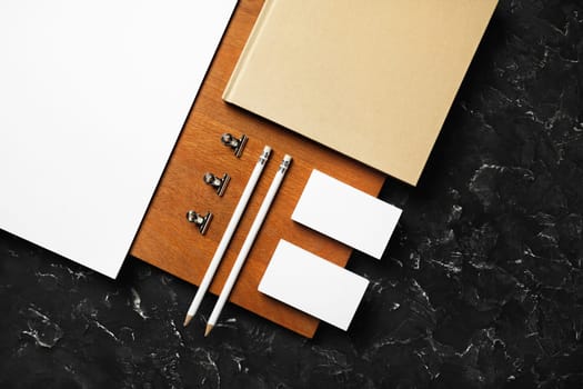 Photo of blank stationery set. Corporate identity template. Responsive design mockup. Flat lay.