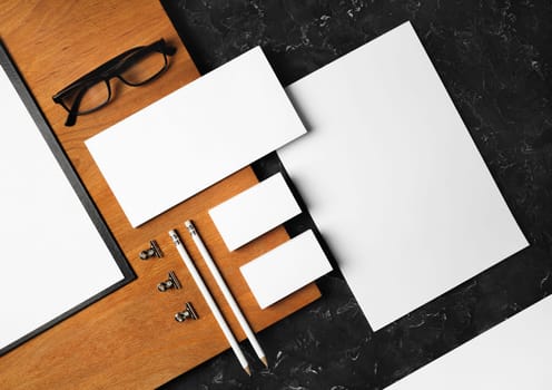 Blank corporate identity template. Photo of blank stationery set. Mockup for design presentations and portfolios. Flat lay.