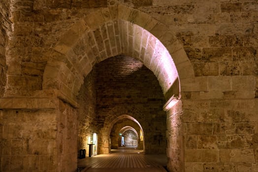 AKKRE CITY Israel May 05, 2017 : Citadel and prison. Acre (Akko, Akre) is a city in the northern coastal plain region of northern Israel at the northern extremity of Haifa Bay.