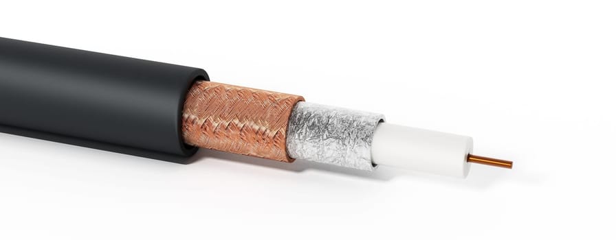 Coaxial cable showing detailed layers. 3D illustration.