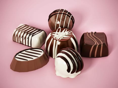 Assorted chocolates on pink background. 3D illustration.