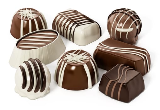 Assorted chocolates isolated on white background. 3D illustration.