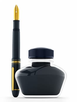 Blue ink bottle and pen isolated on white background. 3D illustration.