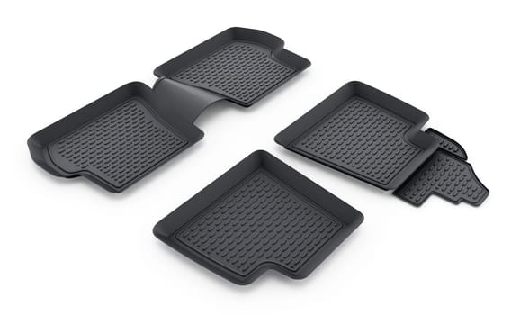 Black rubber car mats isolated on white background. 3D illustration.
