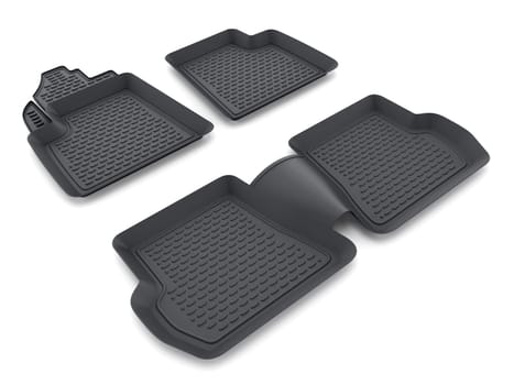 Black rubber car mats isolated on white background. 3D illustration.