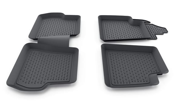 Black rubber car mats isolated on white background. 3D illustration.