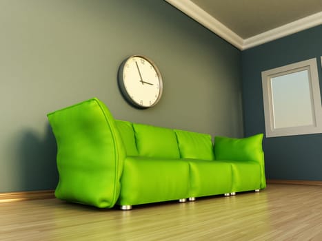 Green couch standing on parquet ground. 3D illustration.