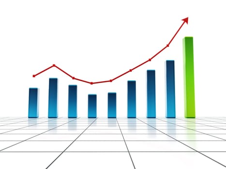 Rising bar graph on grid. 3D illustration.